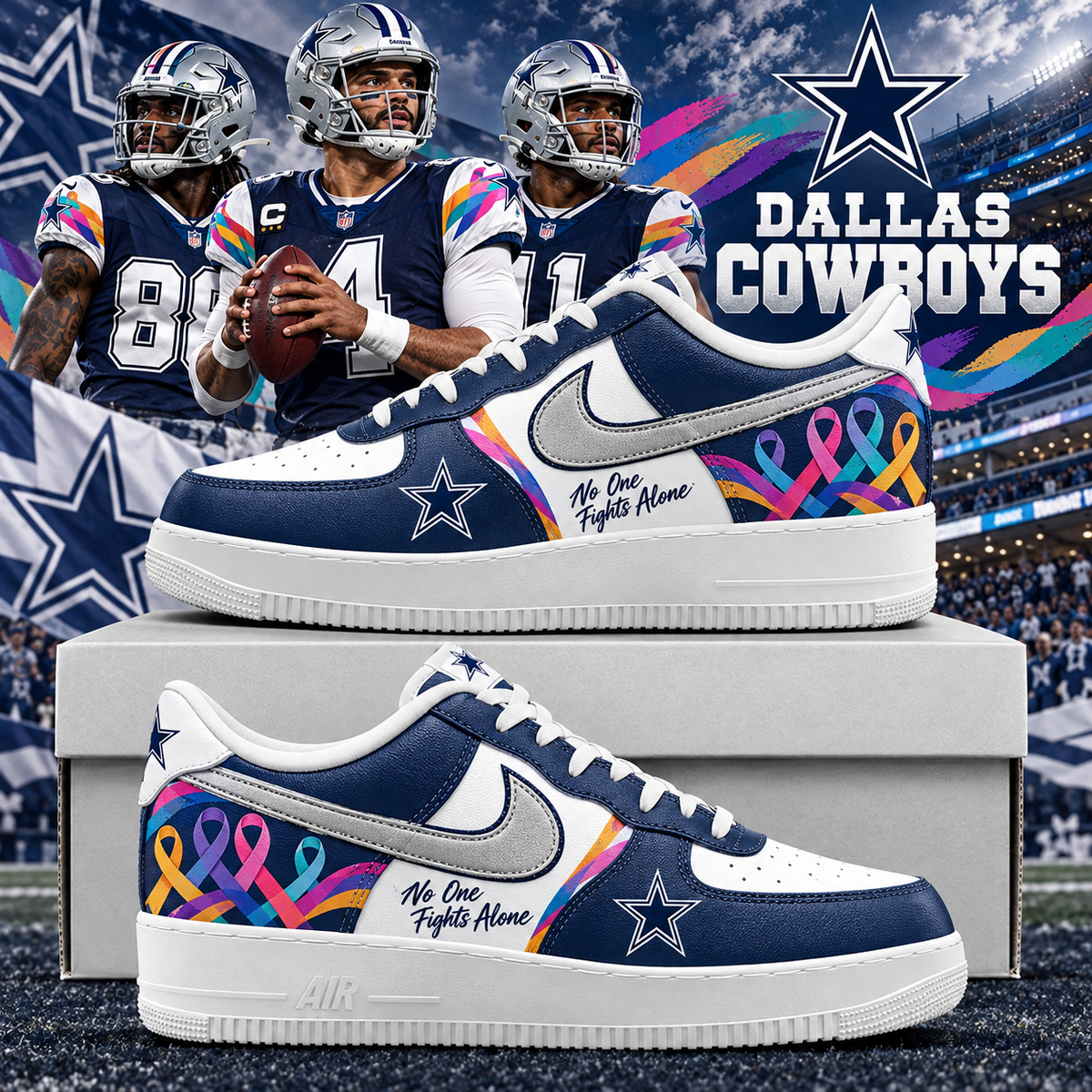 Dallas Cowboys 2026 Crucial Catch No One Fights Alone AF1 Team Poster Shoes