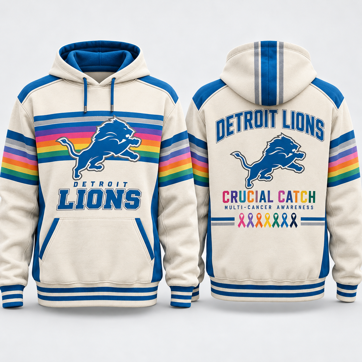 Detroit Lions 2026 Crucial Catch Retro Spectrum Stripes Pullover Hoodie
