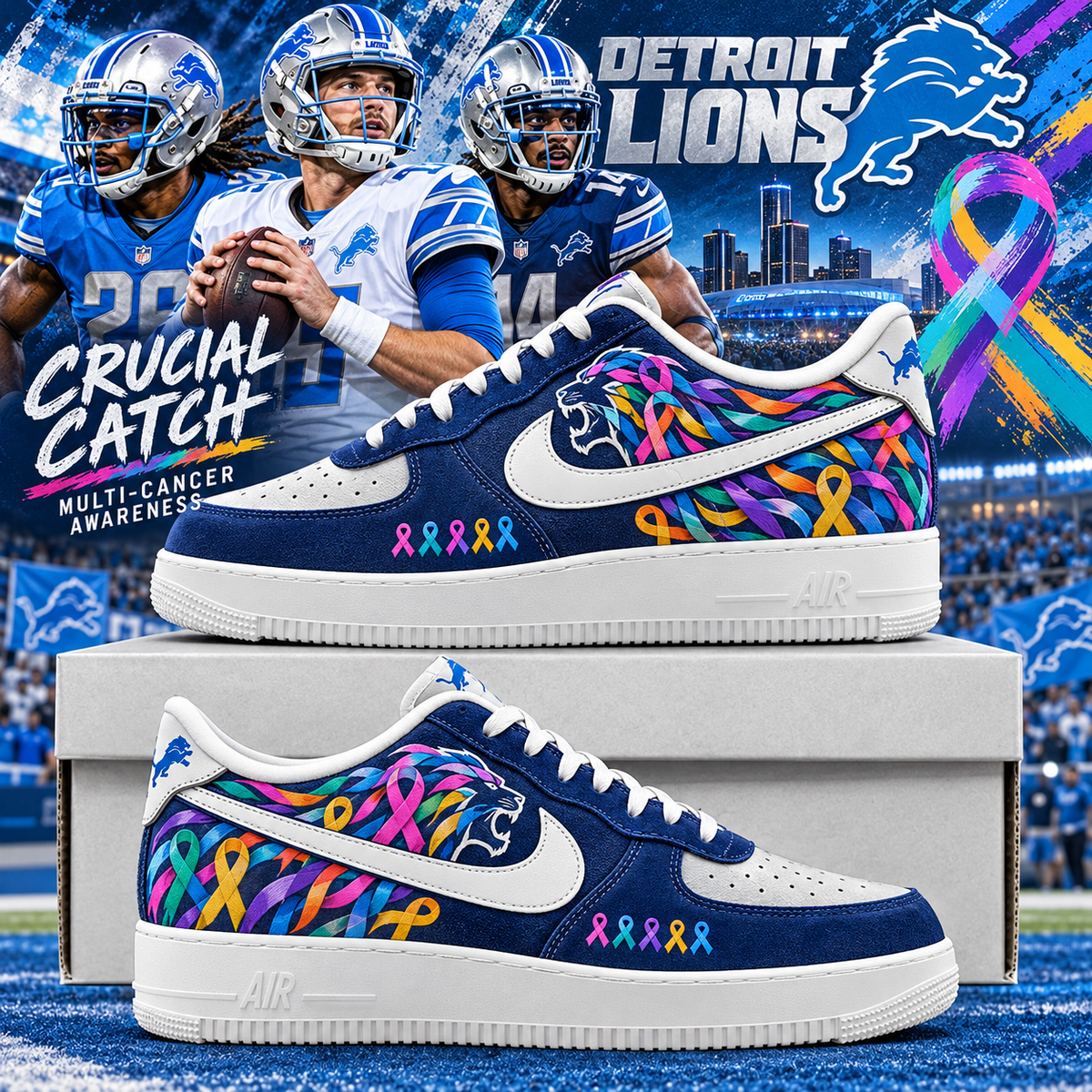 Detroit Lions 2026 Crucial Catch Navy Ribbon Roar AF1 Team Poster Shoes