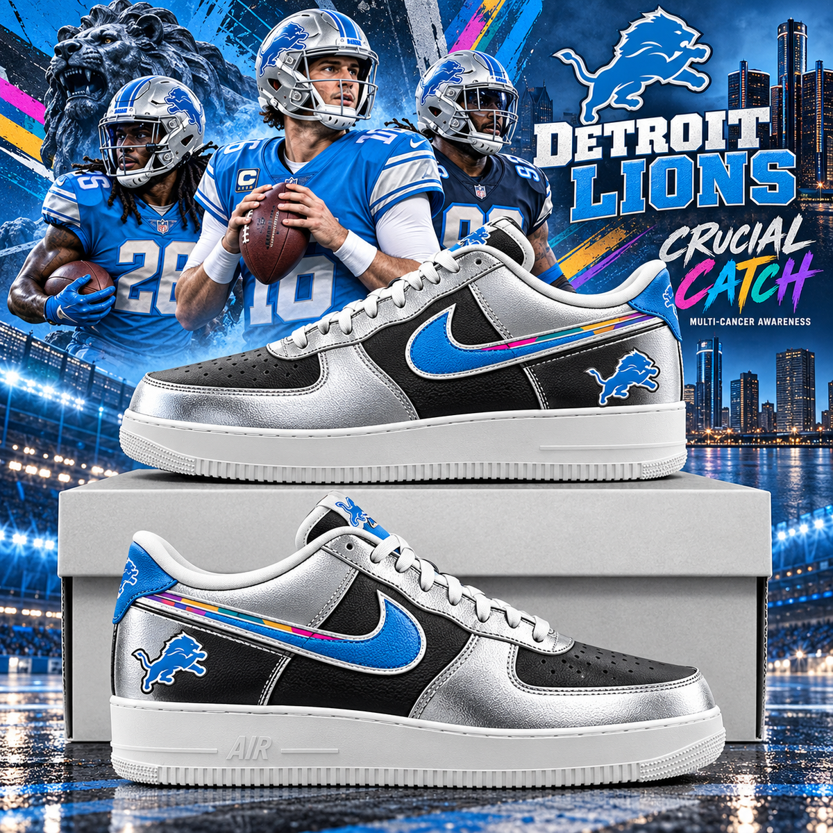 Detroit Lions 2026 Crucial Catch Motor City Chrome AF1 Team Poster Shoes
