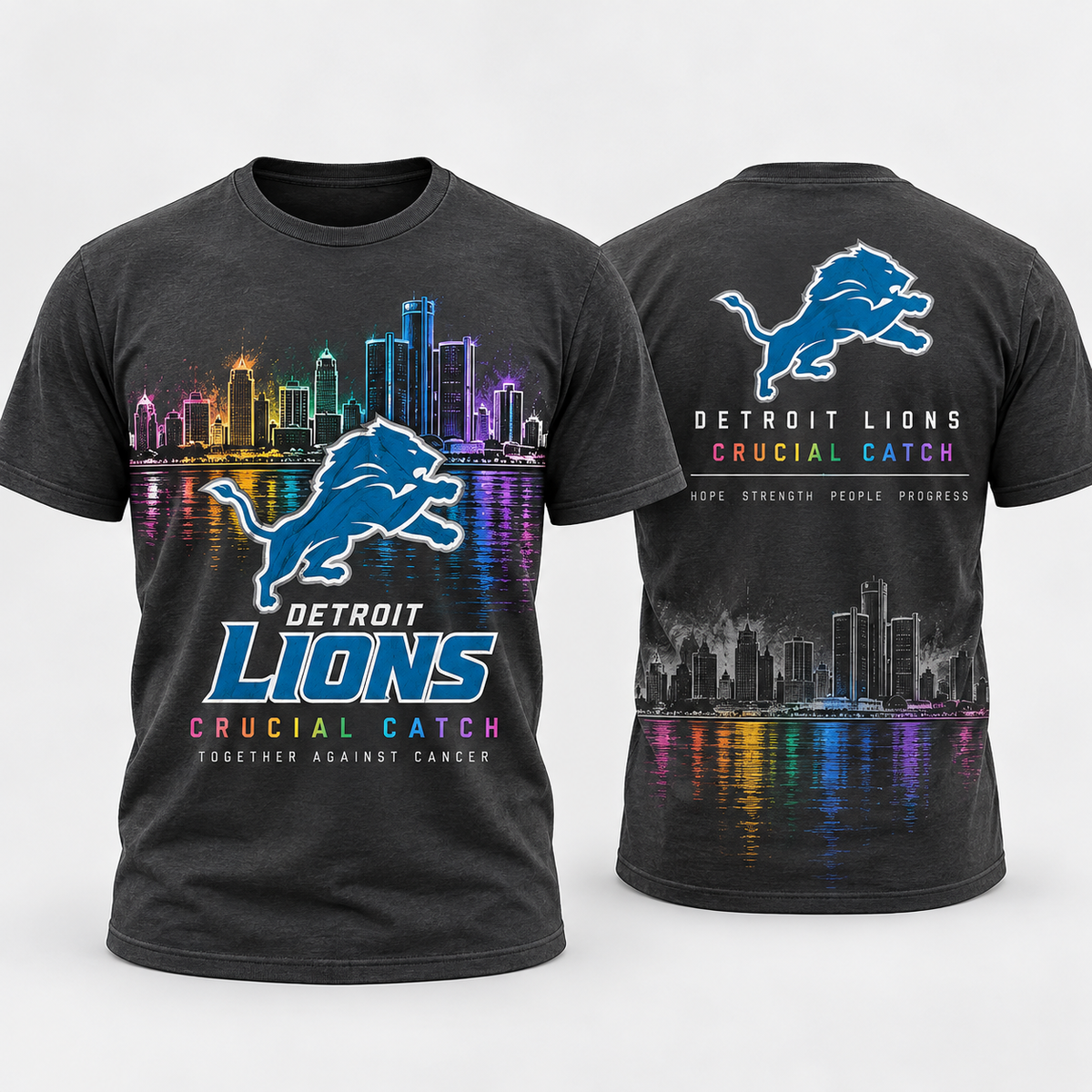 Detroit Lions 2026 Crucial Catch Detroit Skyline Spectrum T-Shirt