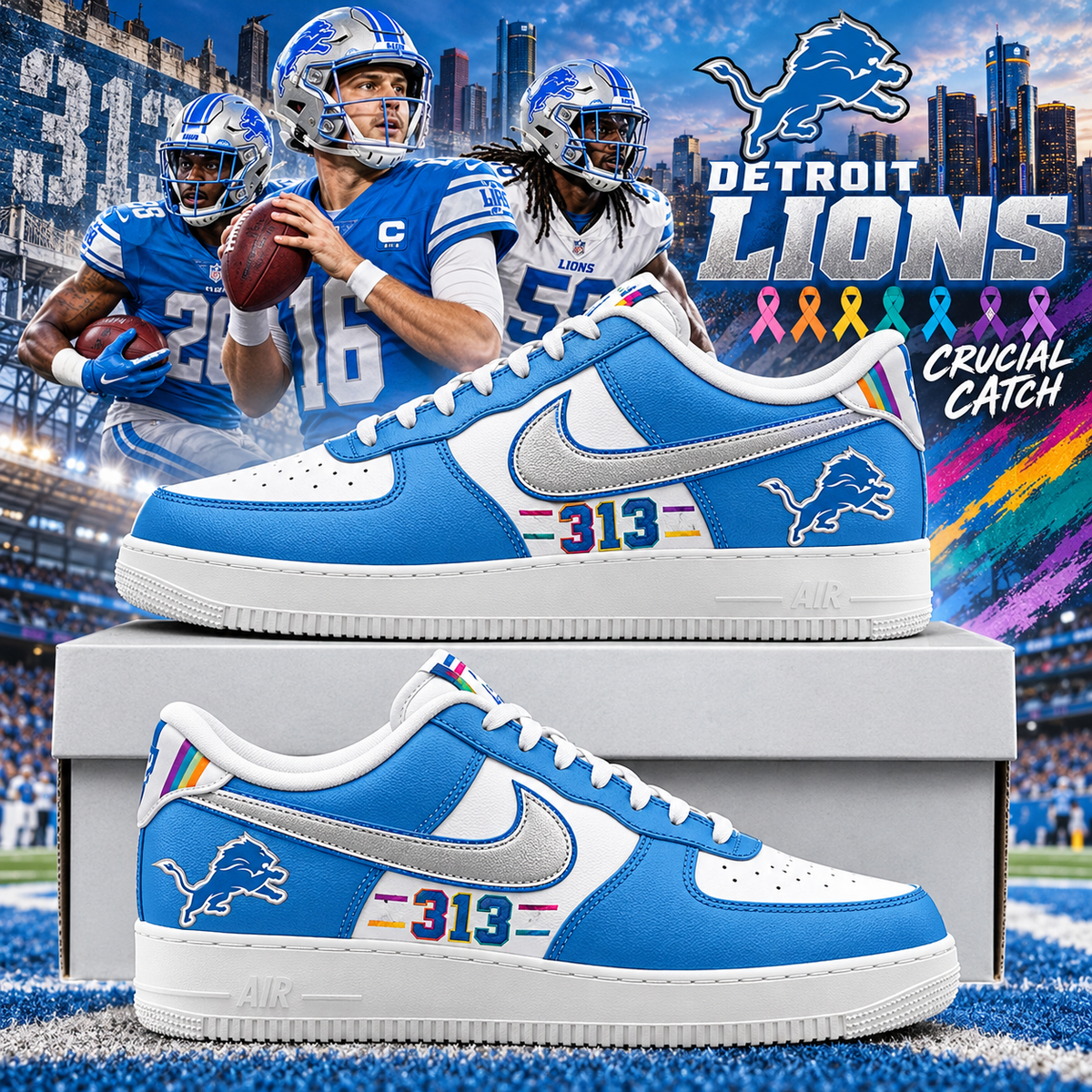 Detroit Lions 2026 Crucial Catch 313 Strong AF1 Team Poster Shoes
