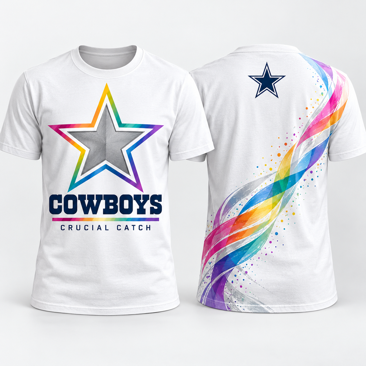 Dallas Cowboys 2026 Crucial Catch White Rainbow Star T-Shirt
