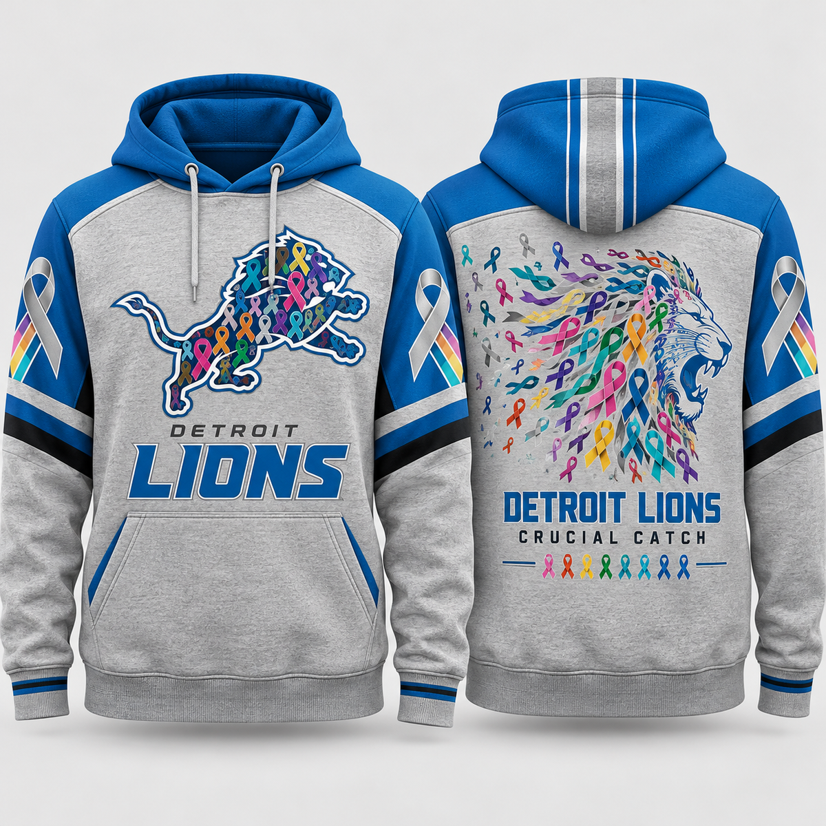 Detroit Lions 2026 Crucial Catch Silver Ribbon Roar Pullover Hoodie