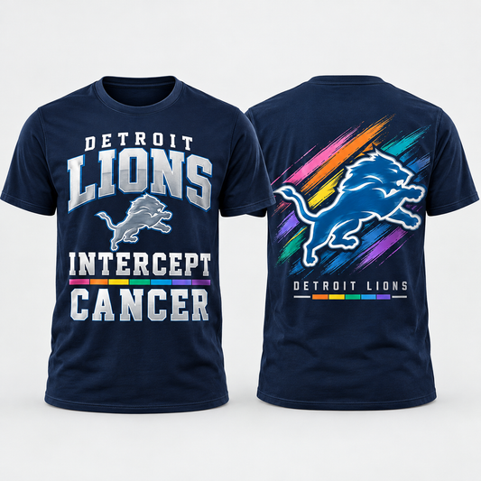 Detroit Lions 2026 Crucial Catch Navy Intercept Cancer T-Shirt