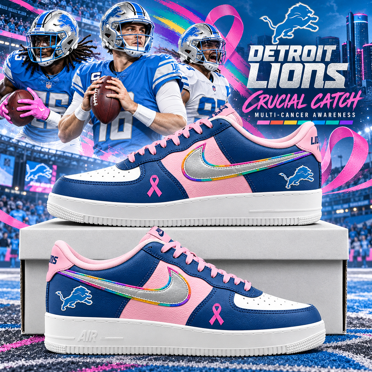 Detroit Lions 2026 Crucial Catch Pink Hope AF1 Team Poster Shoes