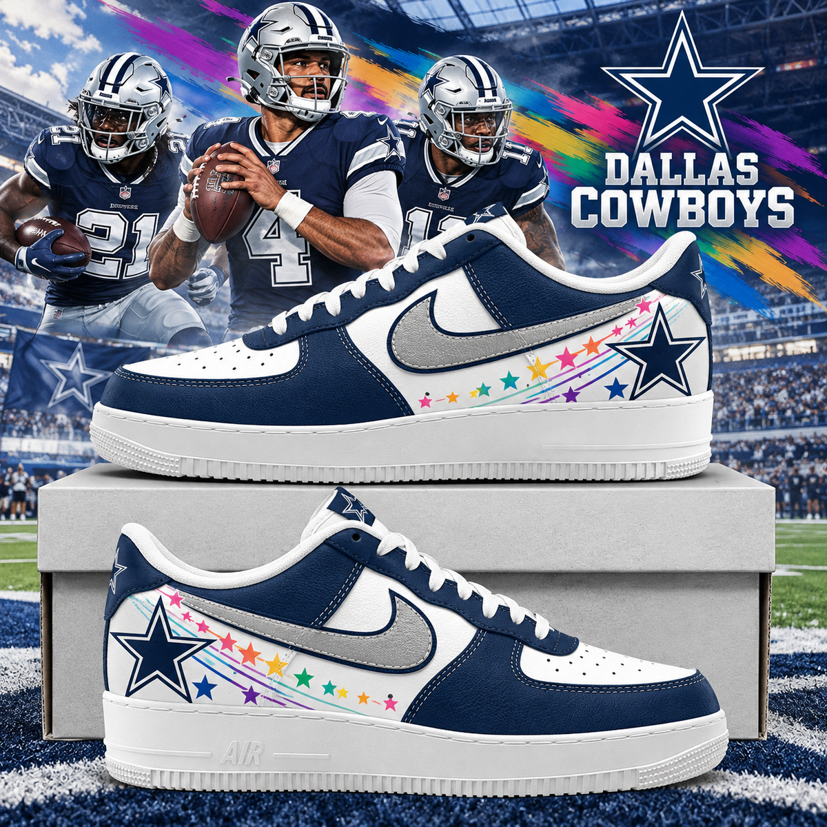 Dallas Cowboys 2026 Crucial Catch Rainbow Star Trail AF1 Team Poster Shoes