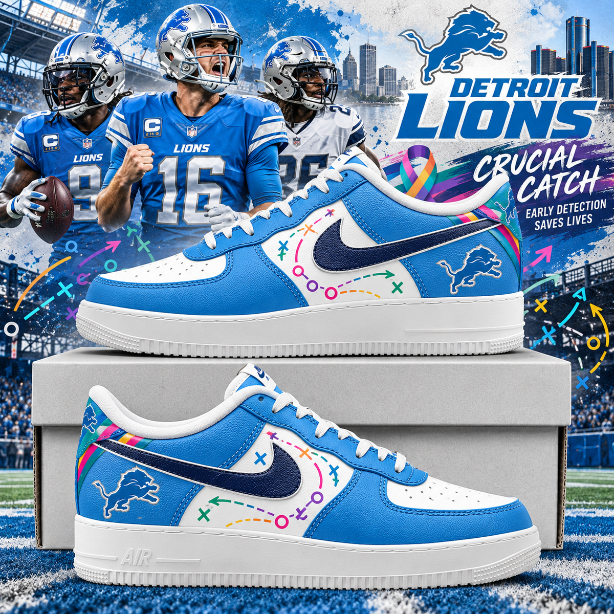 Detroit Lions 2026 Crucial Catch Early Detection Playbook AF1 Team Poster Shoes
