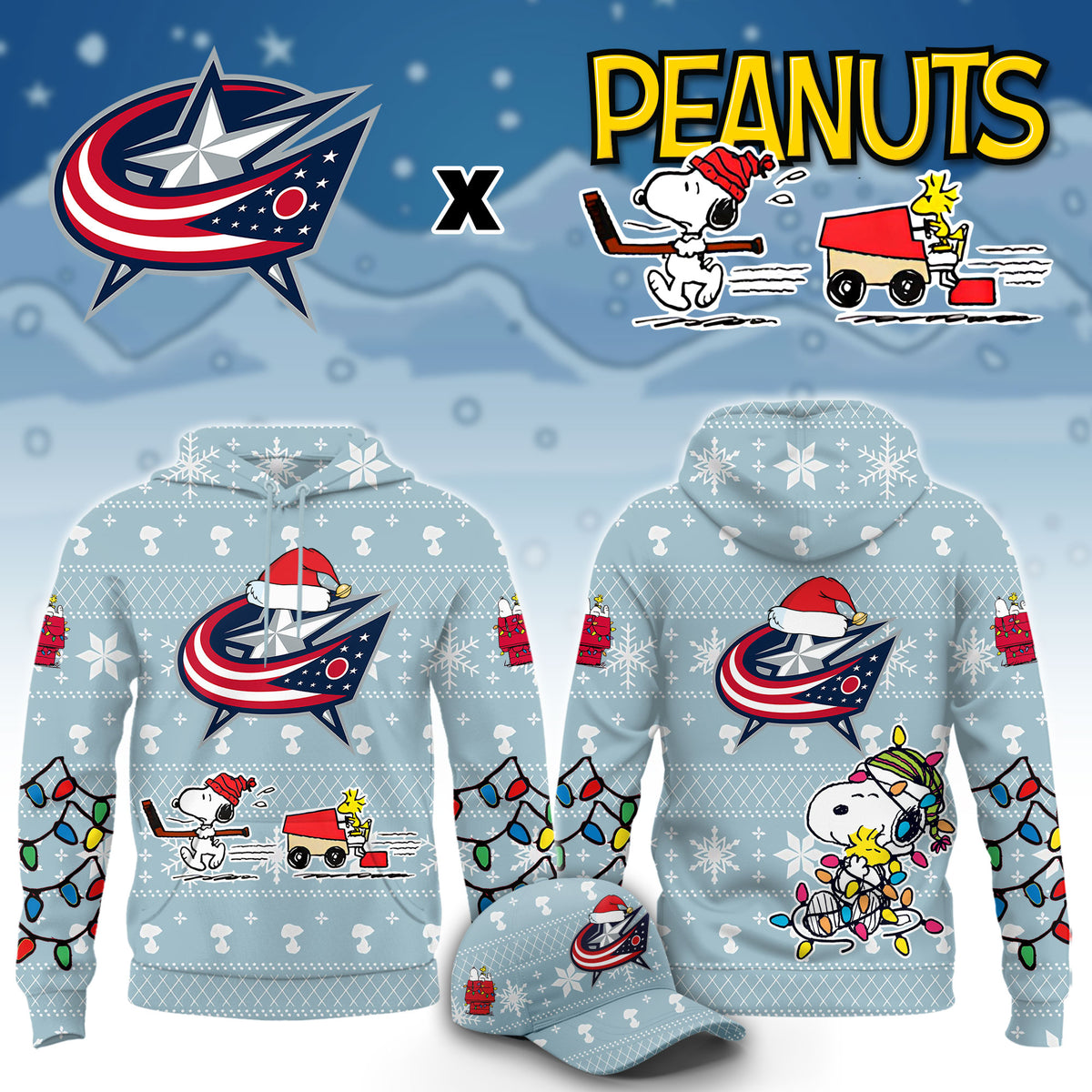 ..Columbus Blue Jackets x Peanuts 2026 Christmas Limited Edition Hoodie NN
