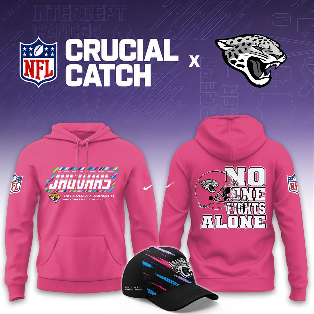 Jacksonville Jaguars Football 2026 Crucial Catch Limited Pink Hoodie, No one fights alone!