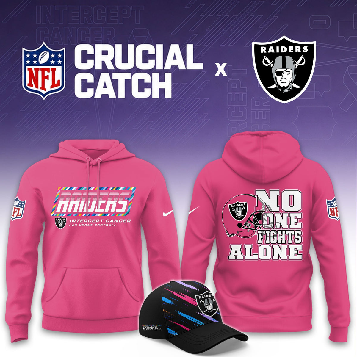 Las Vegas Raiders Football 2026 Crucial Catch Limited Pink Hoodie, No one fights alone!