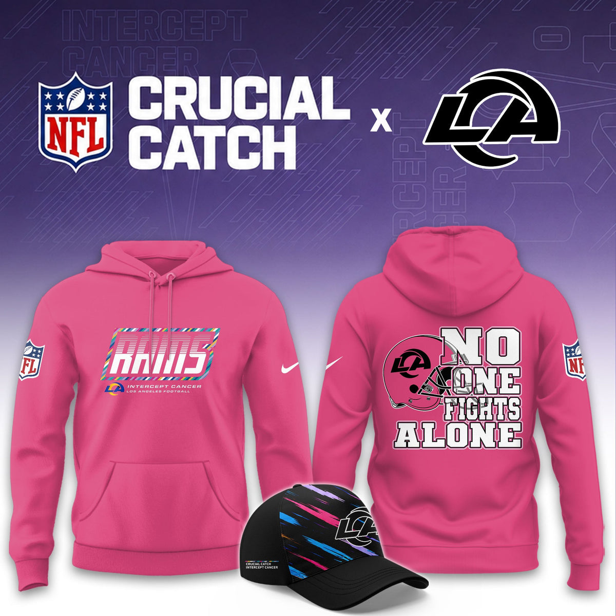 Los Angeles Rams Football 2026 Crucial Catch Limited Pink Hoodie, No one fights alone!