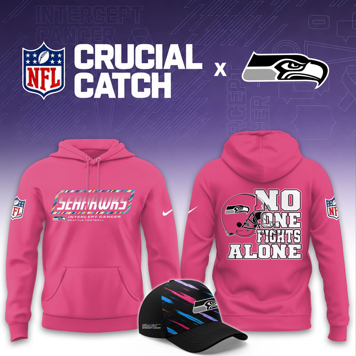 Seattle Seahawks Football 2026 Crucial Catch Limited Pink Hoodie, No one fights alone!