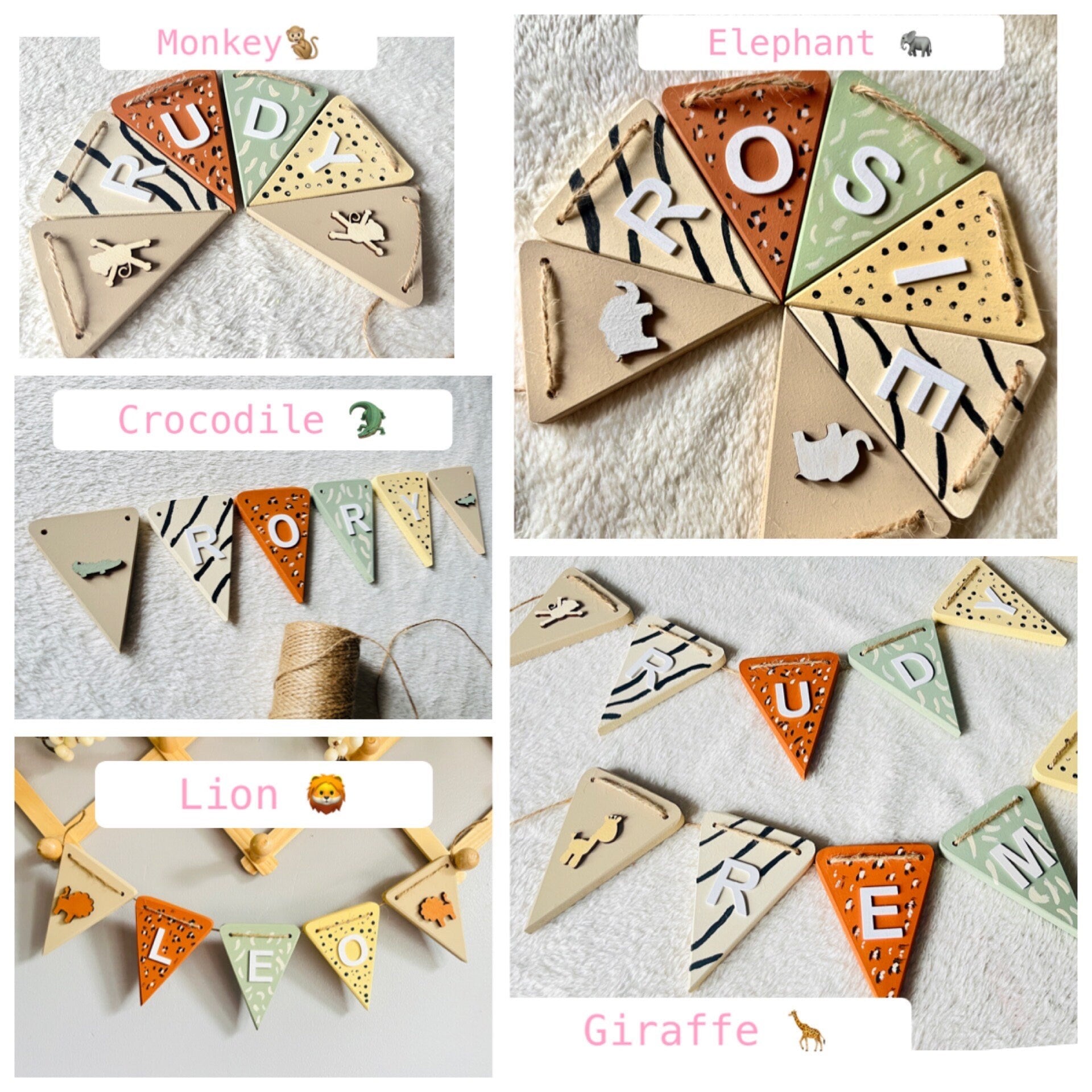 Personalised Safari Nursery Bunting: Jungle Theme Decoration,Safari nursey decor,Wooden name bunting,Kids nursery name sign