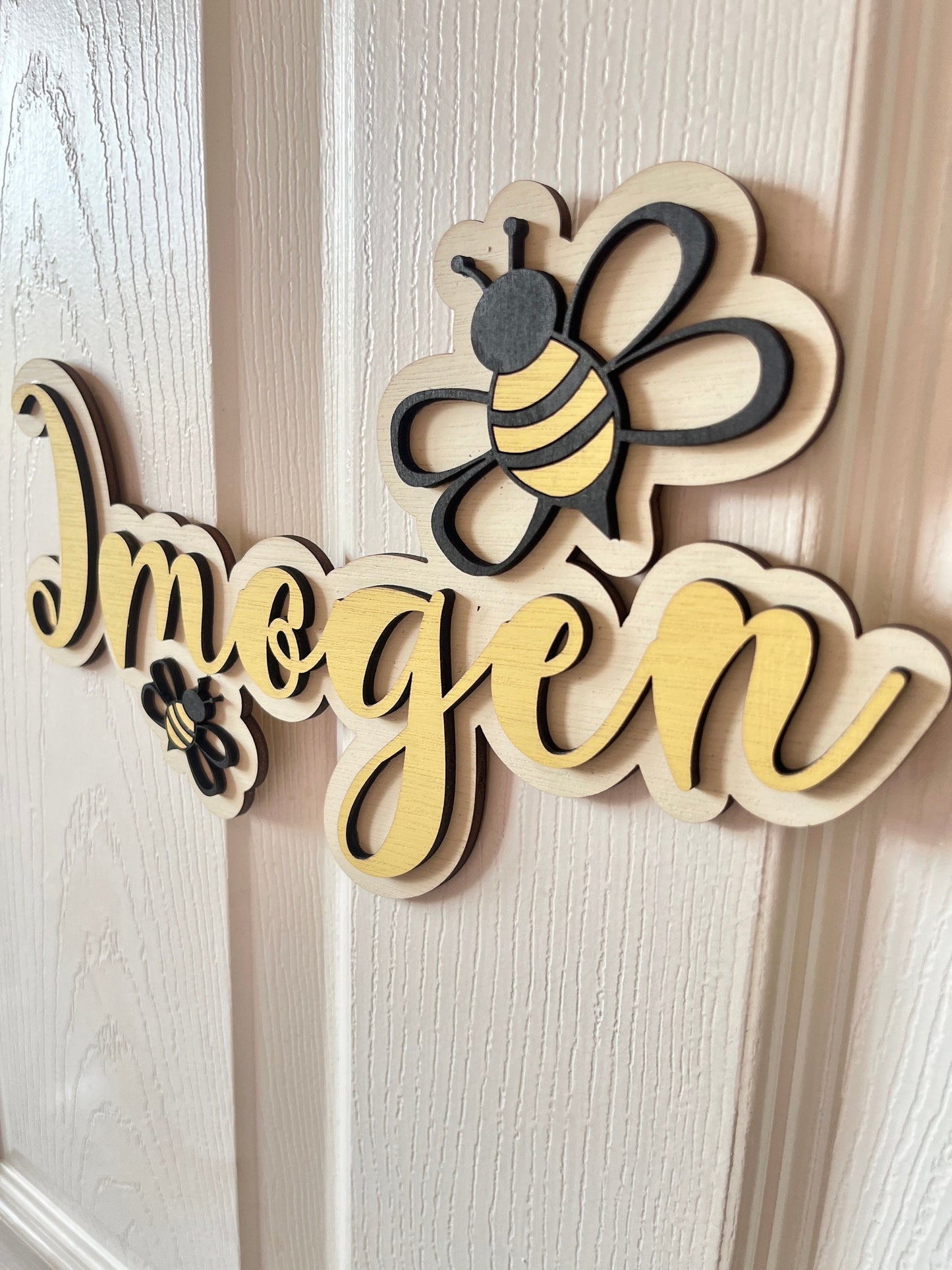 Personalised Bee Name Sign: Wooden Nursery Decor, Custom Animal Door Sign