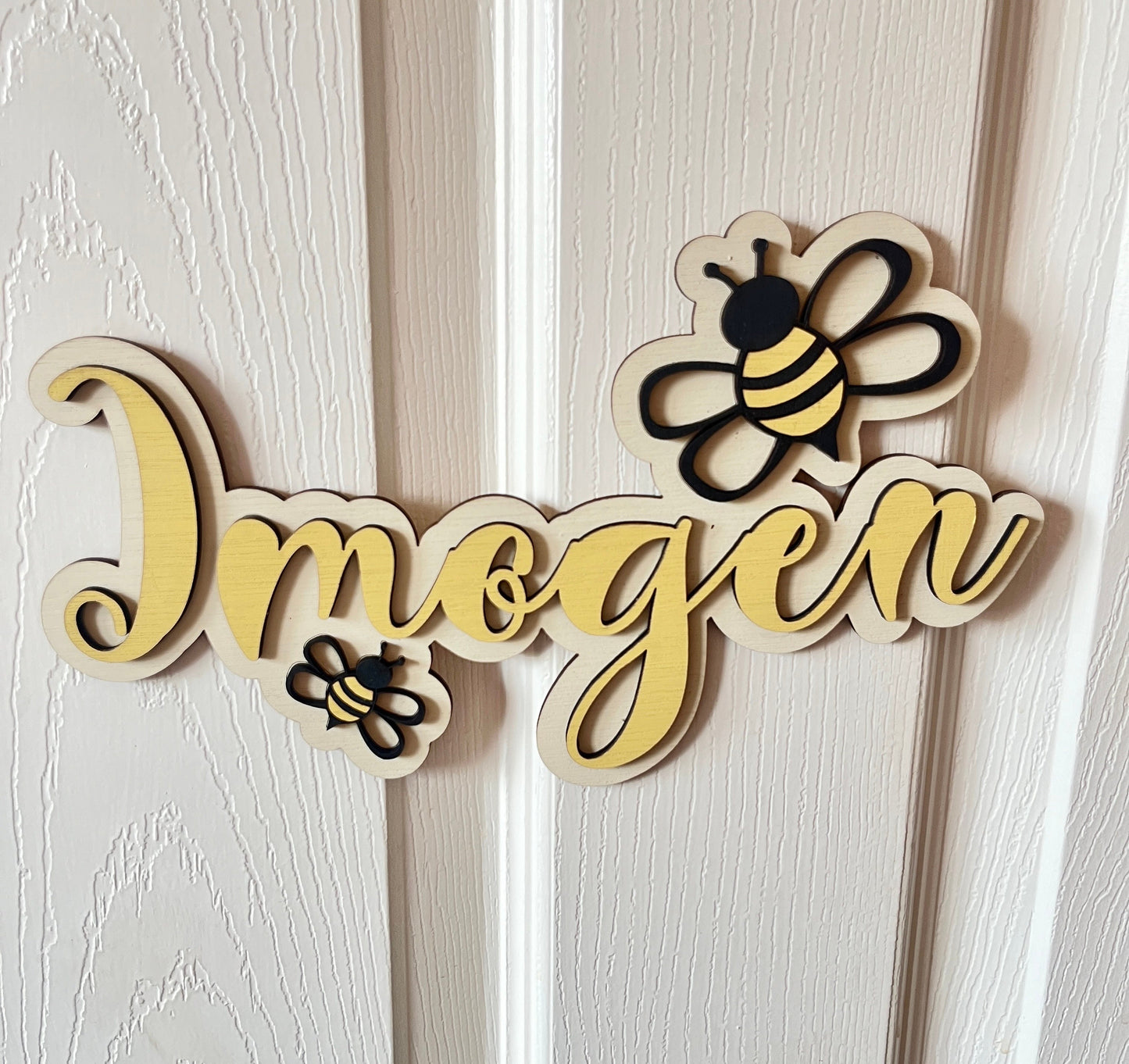Personalised Bee Name Sign: Wooden Nursery Decor, Custom Animal Door Sign