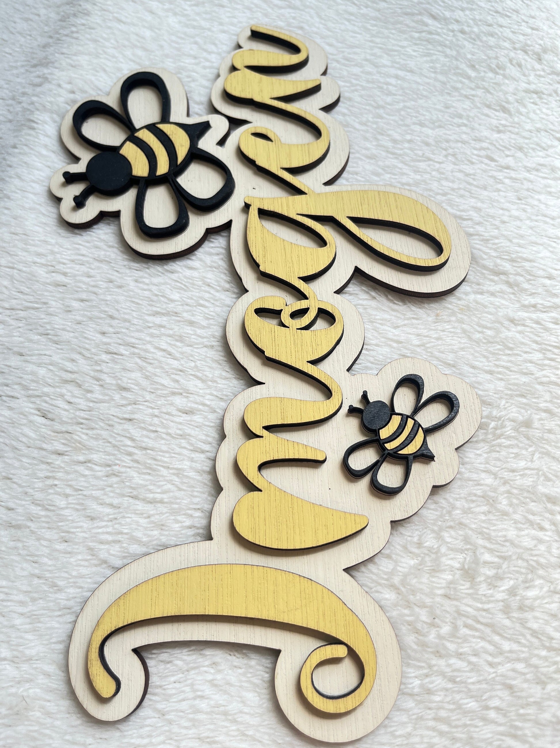 Personalised Bee Name Sign: Wooden Nursery Decor, Custom Animal Door Sign