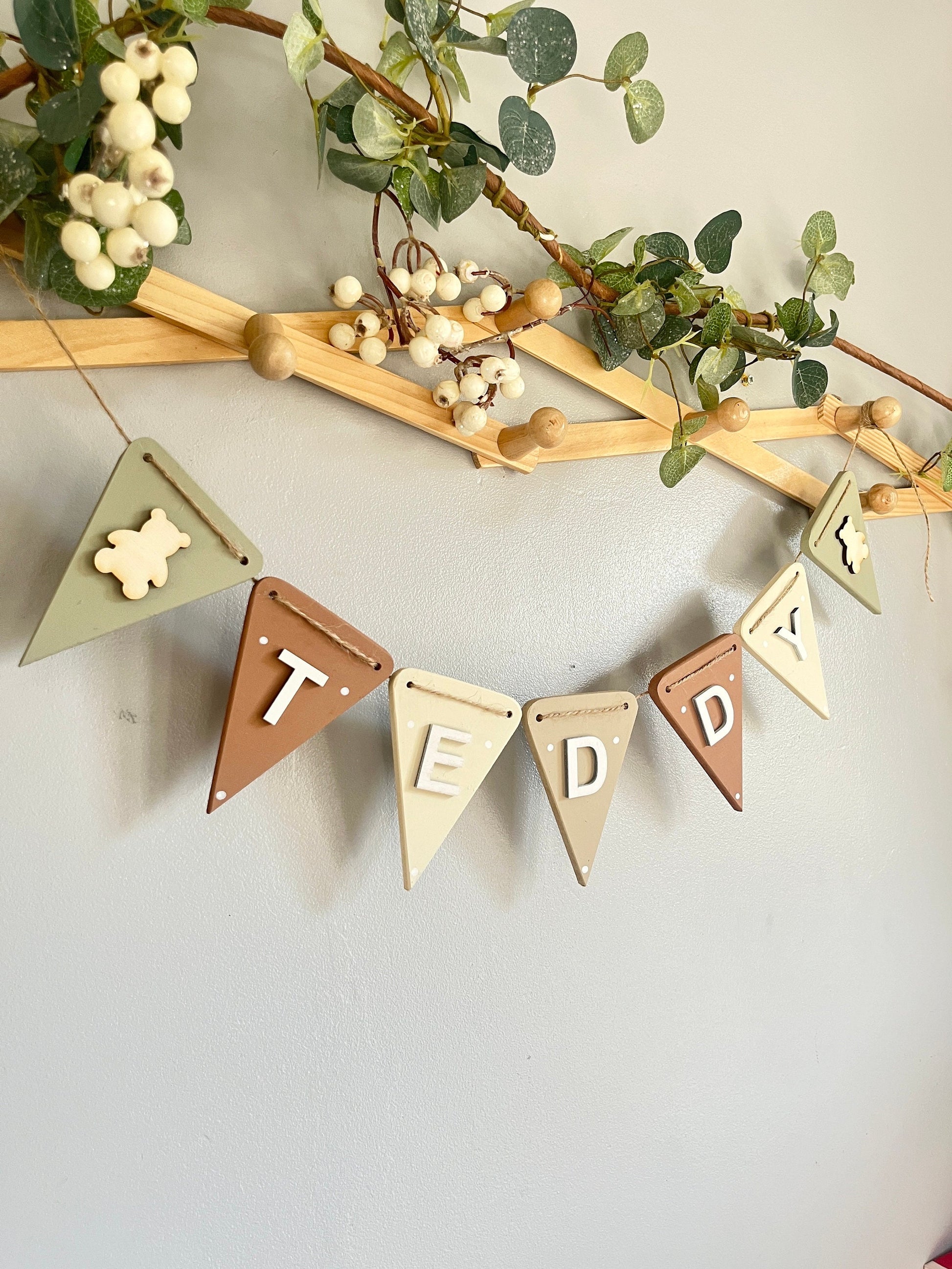 Neutral Teddy Bear Bunting Personalised Baby Name Sign wooden Nursery garland Bear Nursery decor Custom Newborn kids room wall decoration
