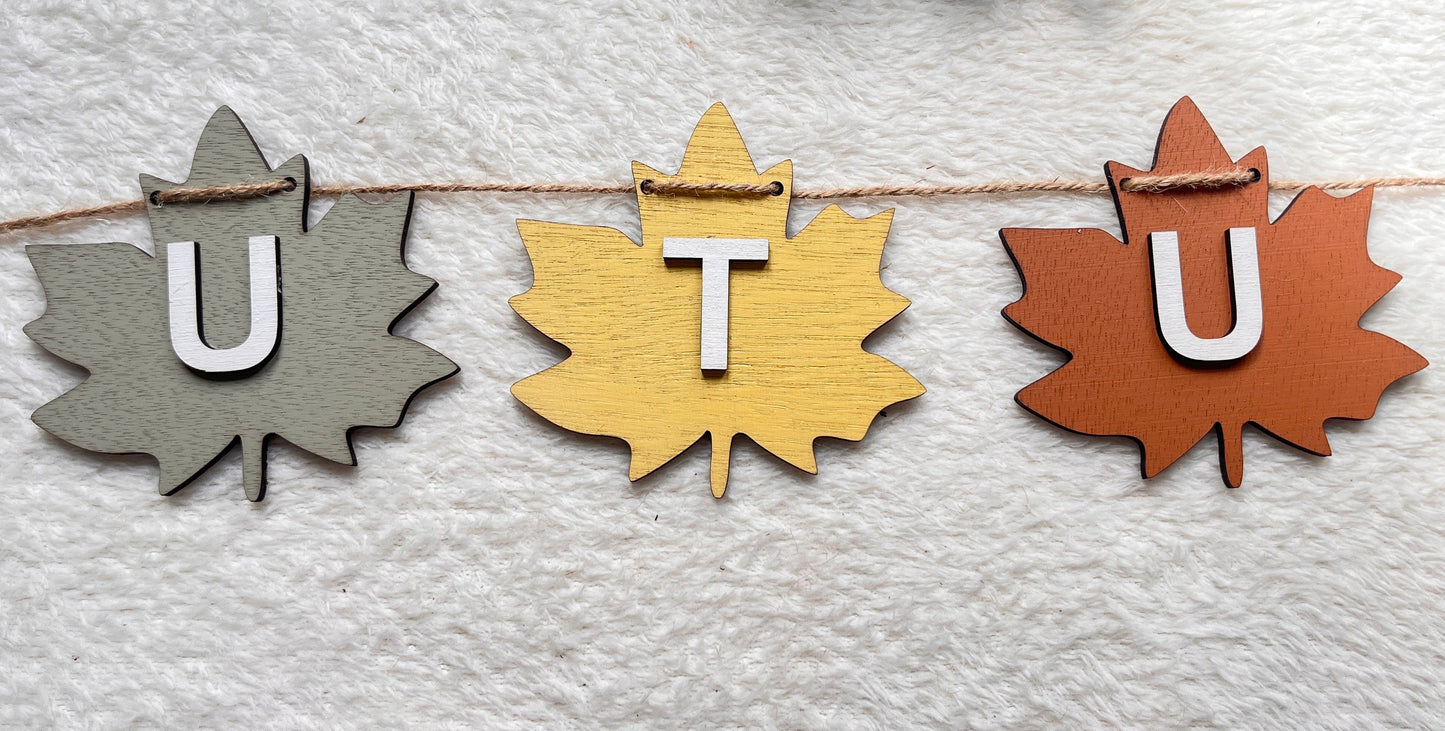 Autumn Leaf Garland Fall Decor Autumnal bunting Fire place Seasonal banner gift for mum Autumn home decor banner wooden hanging decoration