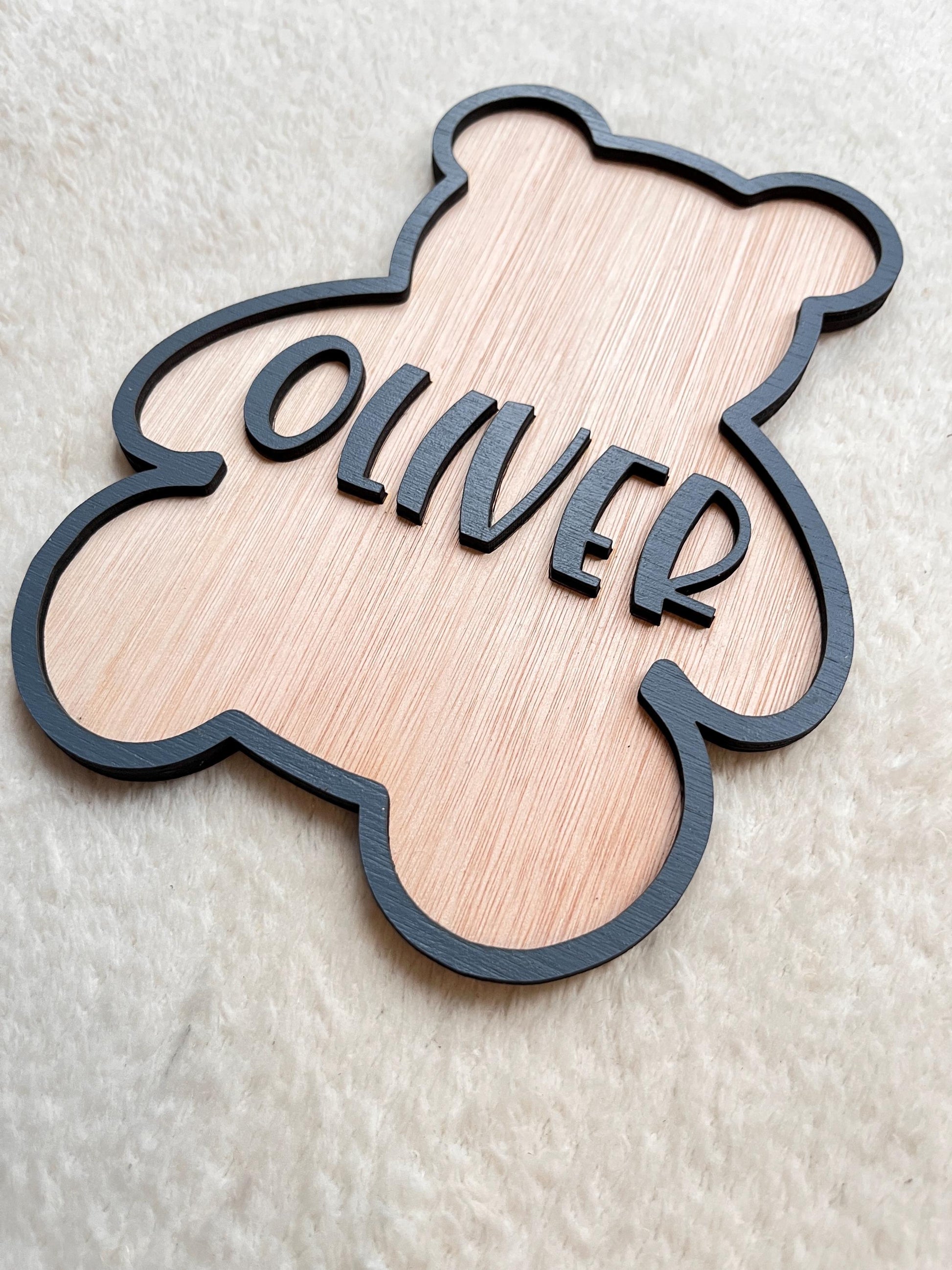 Teddy Bear name Sign Personalised wooden door Sign Blue Bear Nursery decor kids bedroom decor Custom door plaque gift for newborn baby boy