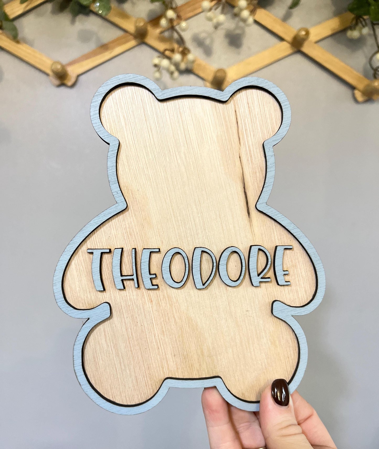 Teddy Bear name Sign Personalised wooden door Sign Blue Bear Nursery decor kids bedroom decor Custom door plaque gift for newborn baby boy