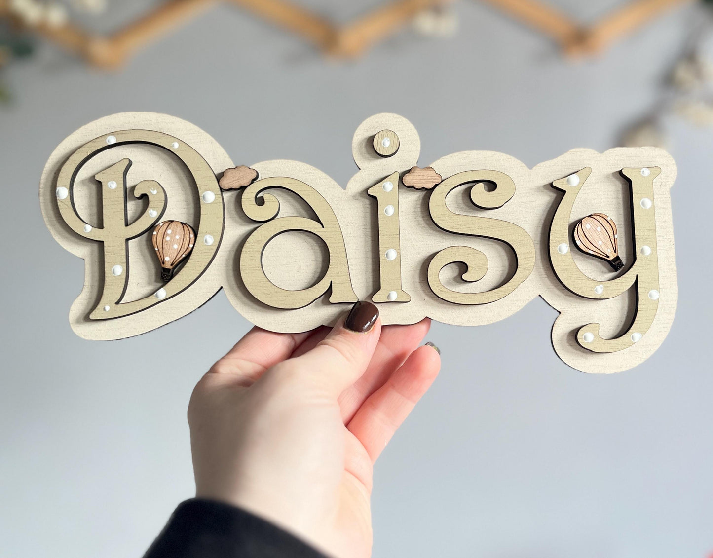 Hot Air Balloon toy box sign kids nursery room decorations custom playroom door sign wooden name plaque with clouds custom wall plaque blue