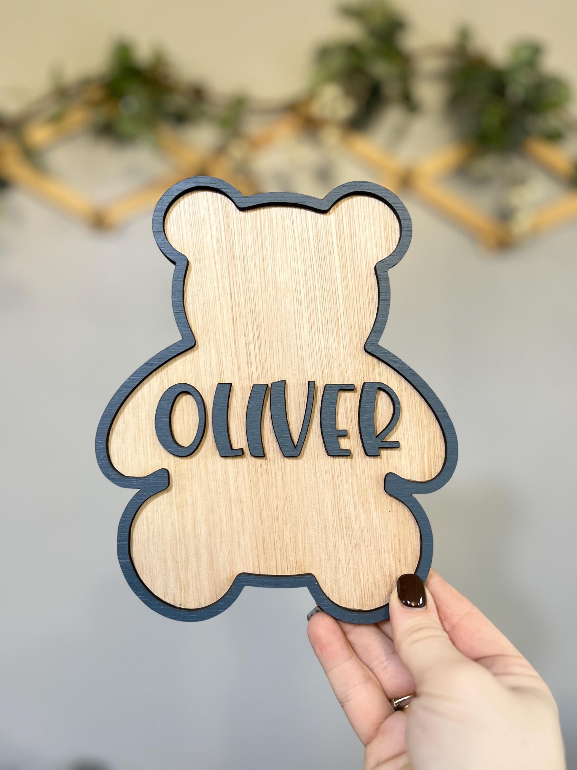 Teddy Bear name Sign Personalised wooden door Sign Blue Bear Nursery decor kids bedroom decor Custom door plaque gift for newborn baby boy