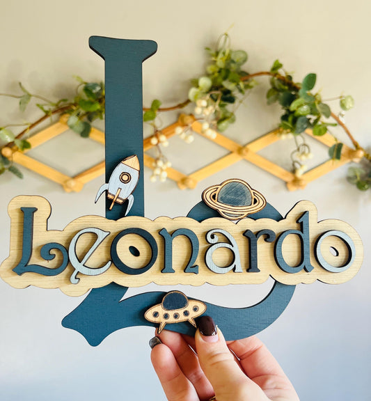Custom Space Wooden Name Sign: Rocket Nursery Decor, boys door sign