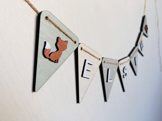 Personalised Woodland Nursery bunting Wooden Animal Decor Baby Name Banner nature theme nursery fox name garland girl woodland nursery decor