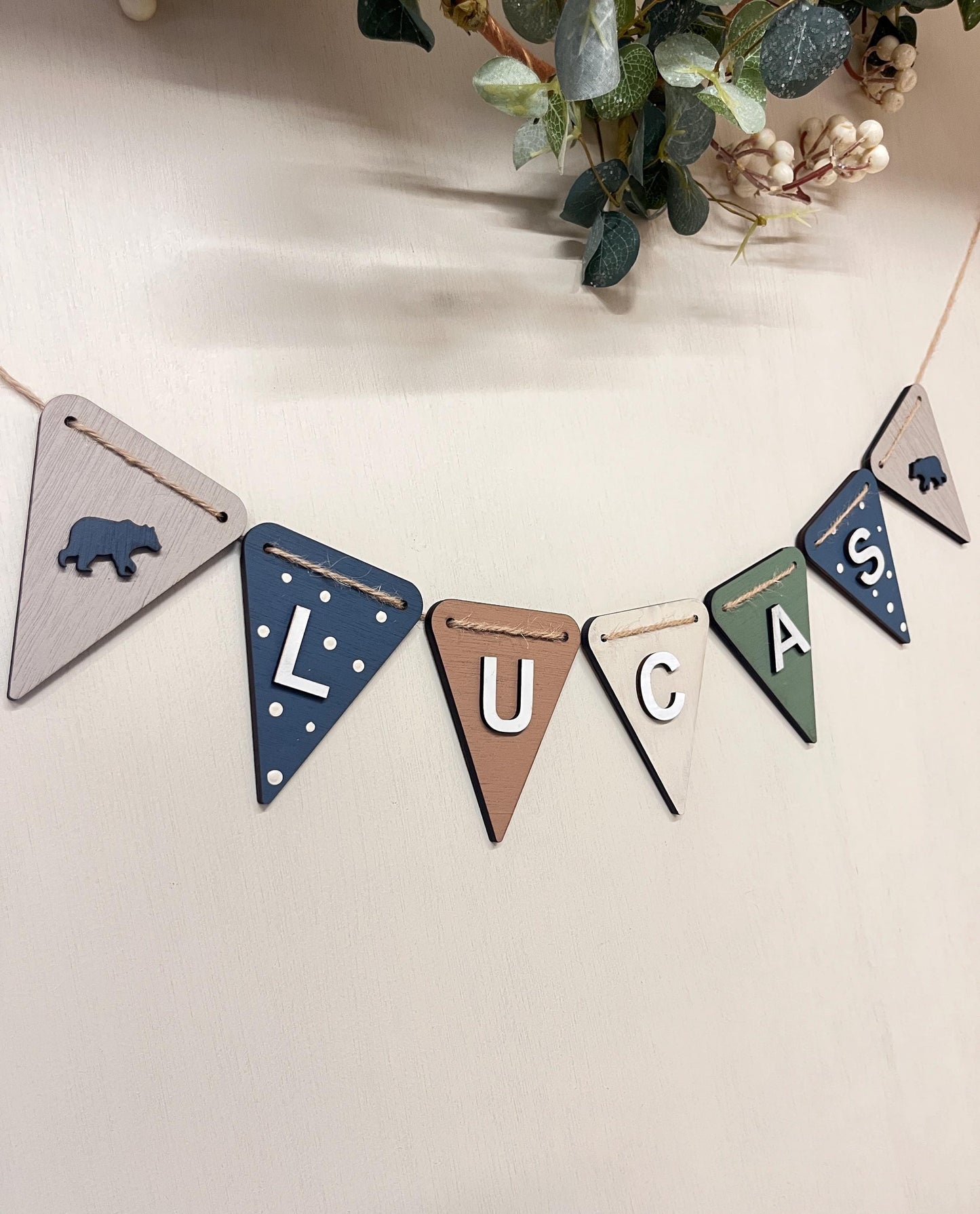 Woodland Nursery bunting Personalised Wooden neutral Animal Decor Bear Baby Name Banner nature theme nursery name garland woodland garland