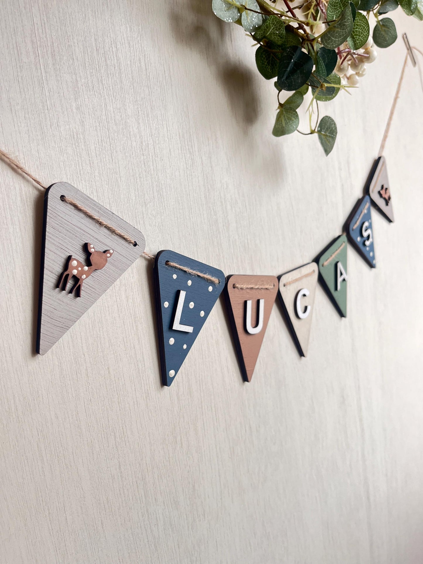 Woodland Nursery bunting Personalised Wooden neutral Animal Decor Bear Baby Name Banner nature theme nursery name garland woodland garland