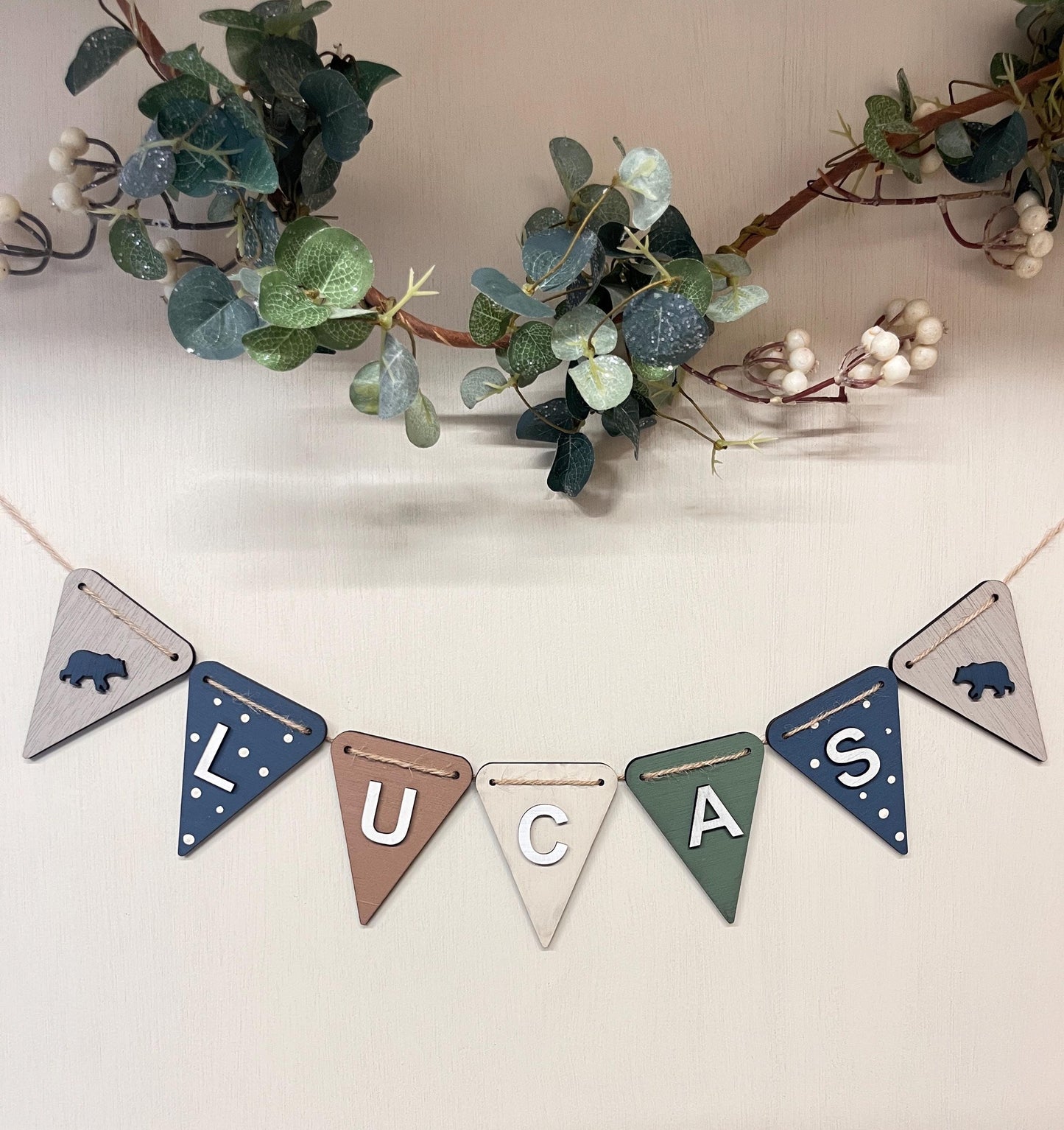 Woodland Nursery bunting Personalised Wooden neutral Animal Decor Bear Baby Name Banner nature theme nursery name garland woodland garland