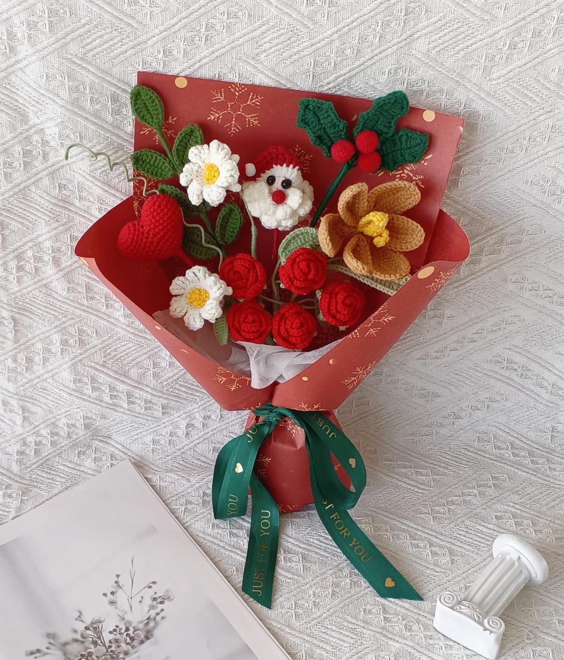 Handmade Crochet Christmas Bouquet, Holiday Ornament, Santa, Holly
