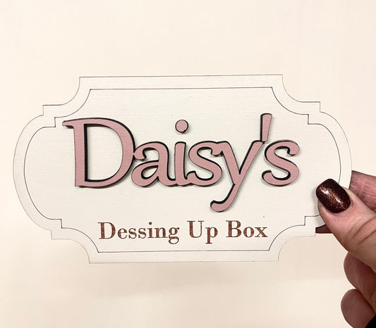 Girls dress up name plaque for Personalised Wooden Toy Box Name Sign Nursery Decor for dressing up box storage box labels for kids playroom