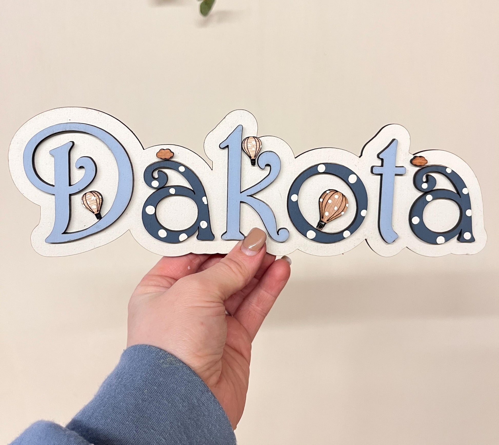 Hot Air Balloon toy box sign kids nursery room decorations custom playroom door sign wooden name plaque with clouds custom wall plaque blue
